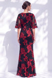 Black Champagne Floral Illusin Boat Neck Mermaid Long Mother of the Bride Dress