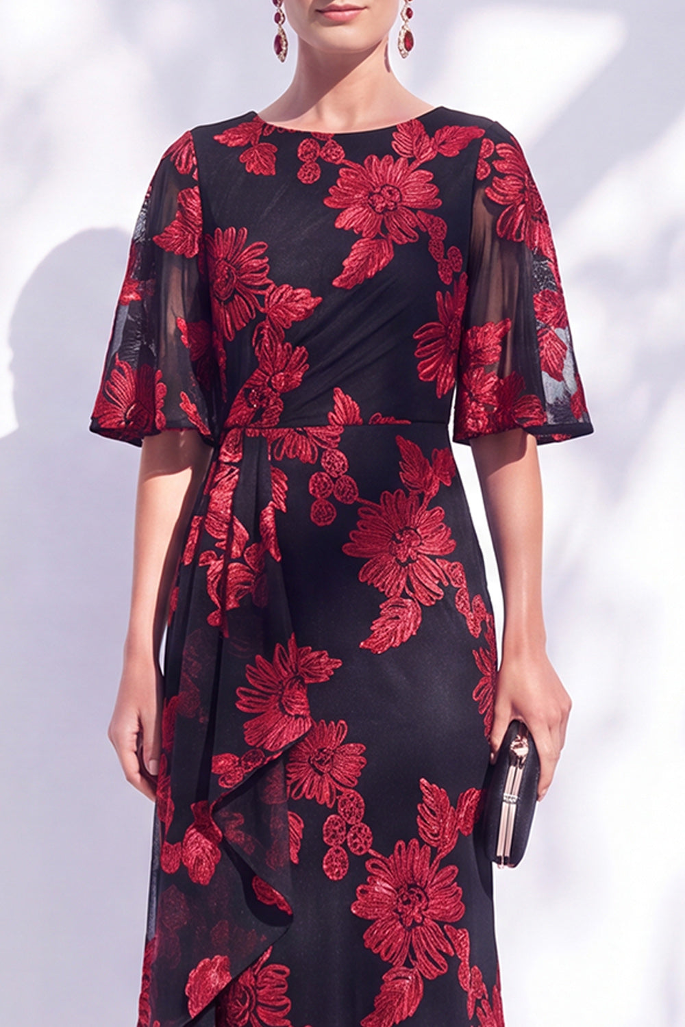 Black Champagne Floral Illusin Boat Neck Mermaid Long Mother of the Bride Dress