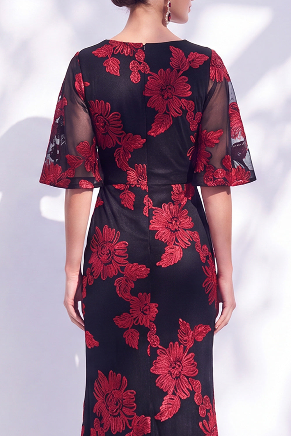 Black Champagne Floral Illusin Boat Neck Mermaid Long Mother of the Bride Dress