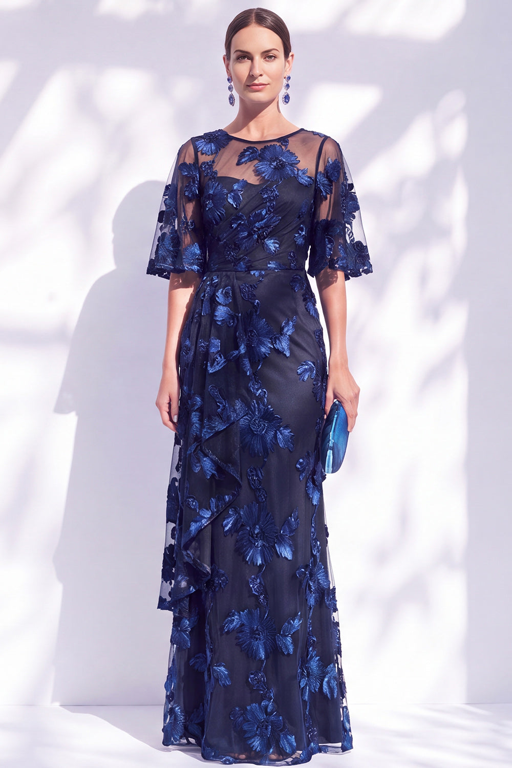 Black Champagne Floral Illusin Boat Neck Mermaid Long Mother of the Bride Dress