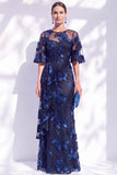 Black Champagne Floral Illusin Boat Neck Mermaid Long Mother of the Bride Dress