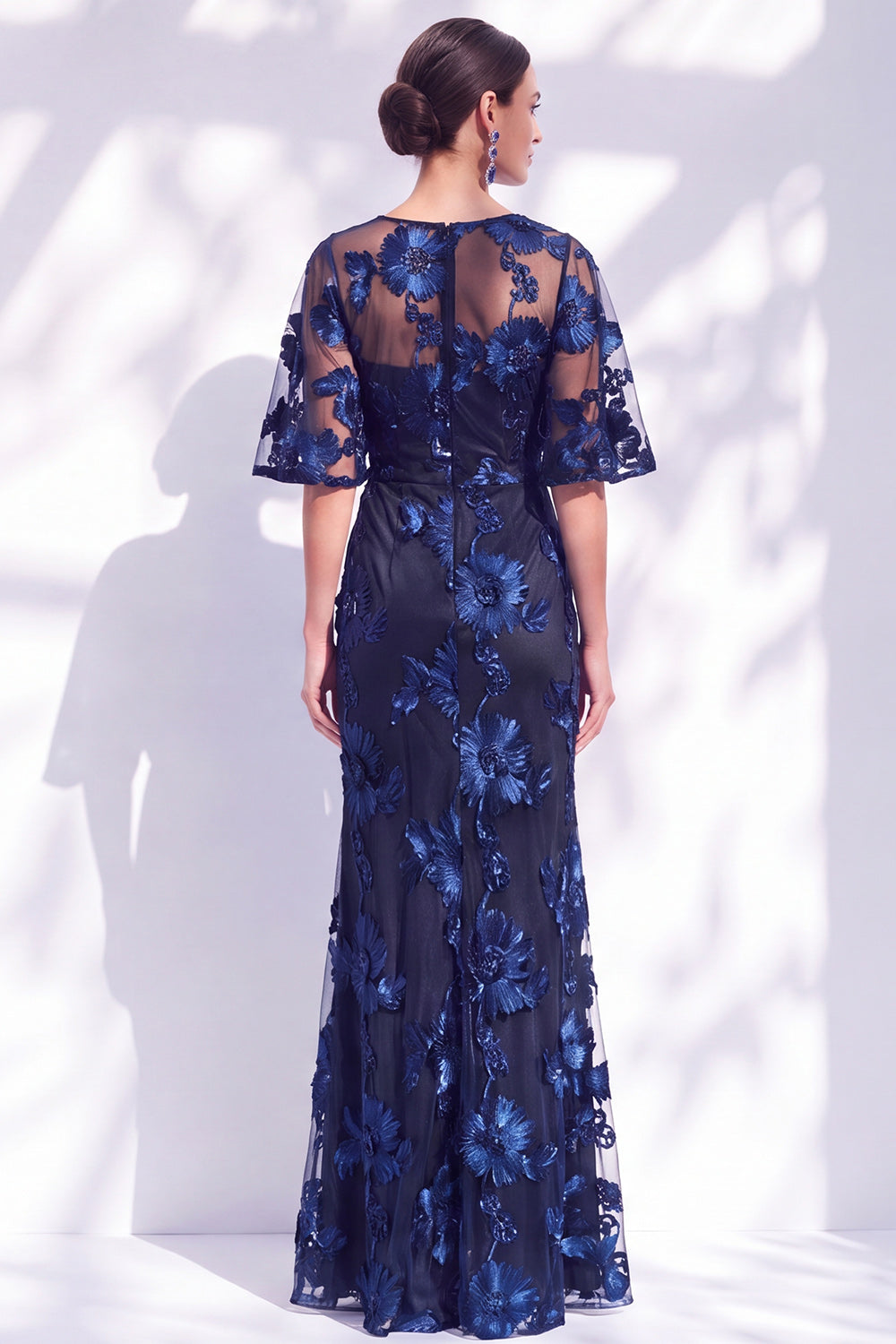 Black Champagne Floral Illusin Boat Neck Mermaid Long Mother of the Bride Dress
