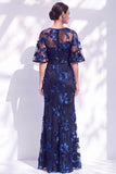 Black Champagne Floral Illusin Boat Neck Mermaid Long Mother of the Bride Dress