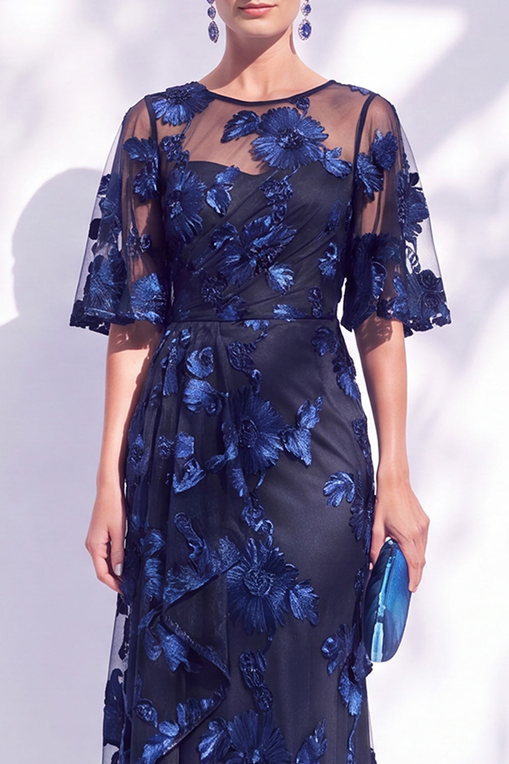 Black Champagne Floral Illusin Boat Neck Mermaid Long Mother of the Bride Dress
