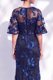 Black Champagne Floral Illusin Boat Neck Mermaid Long Mother of the Bride Dress