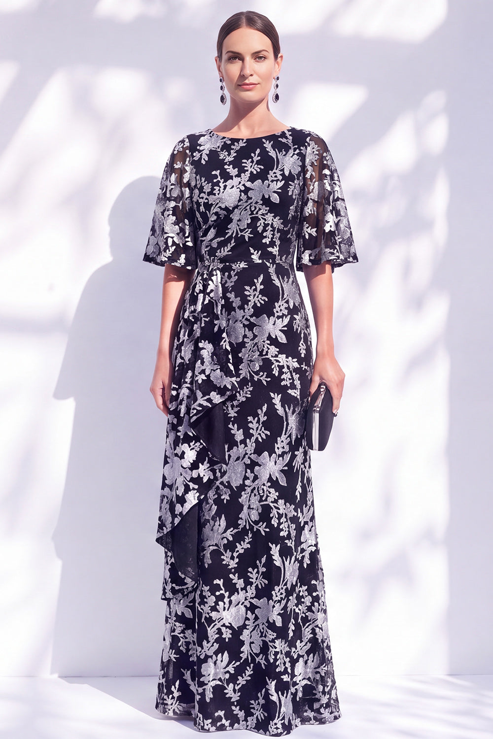 Sage Green Floral Mermaid Long Mother of the Bride Dress with Sleeves