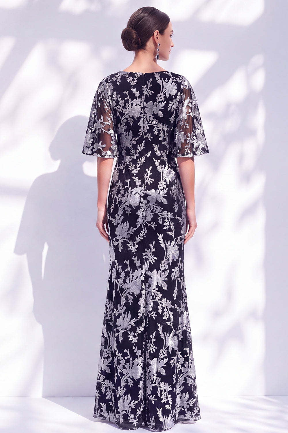 Sage Green Floral Mermaid Long Mother of the Bride Dress with Sleeves