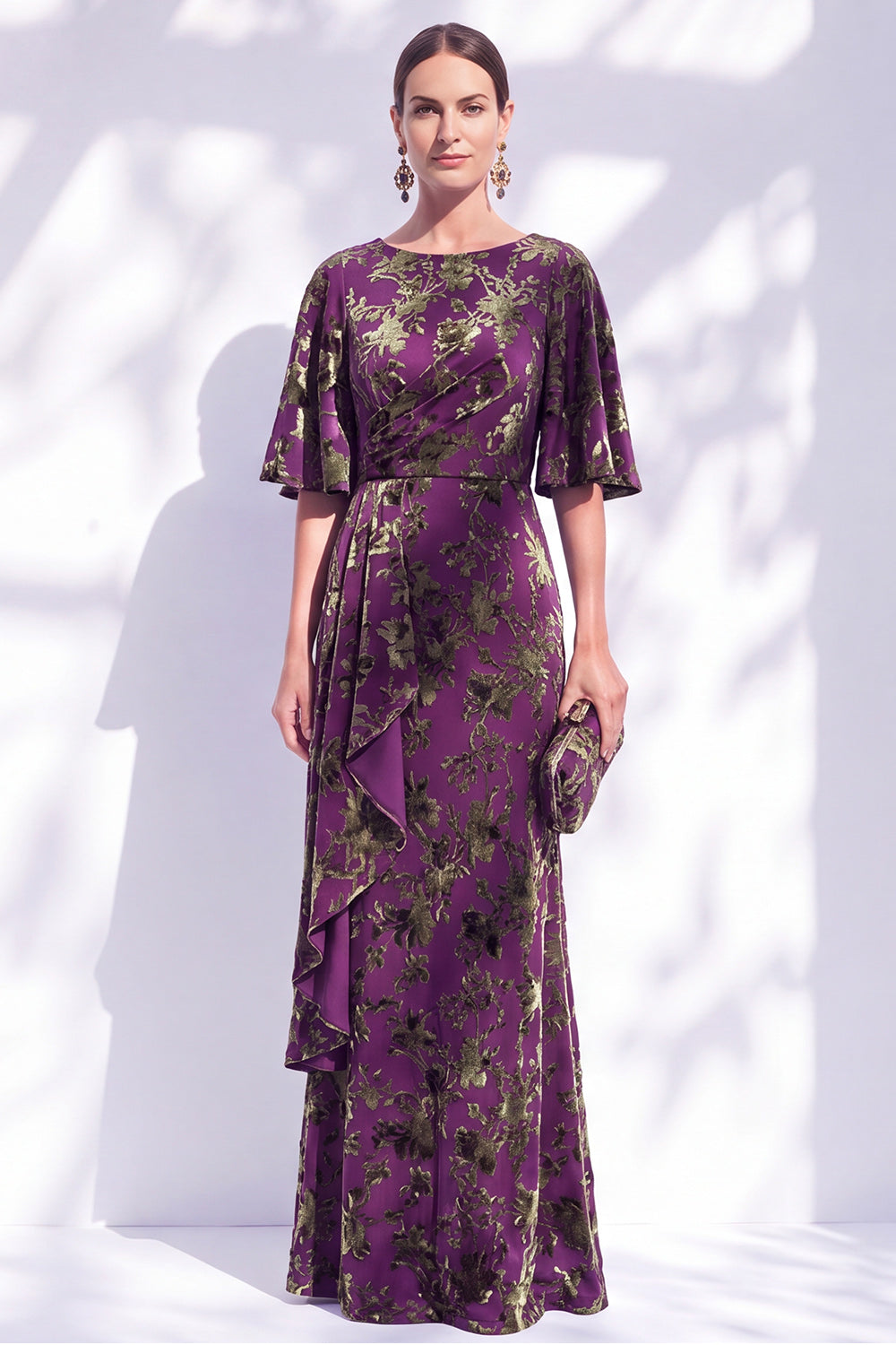 Sage Green Floral Mermaid Long Mother of the Bride Dress with Sleeves