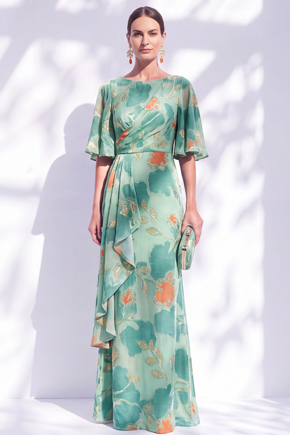 Sage Green Floral Mermaid Long Mother of the Bride Dress with Sleeves