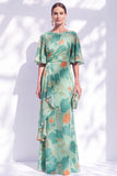 Sage Green Floral Mermaid Long Mother of the Bride Dress with Sleeves