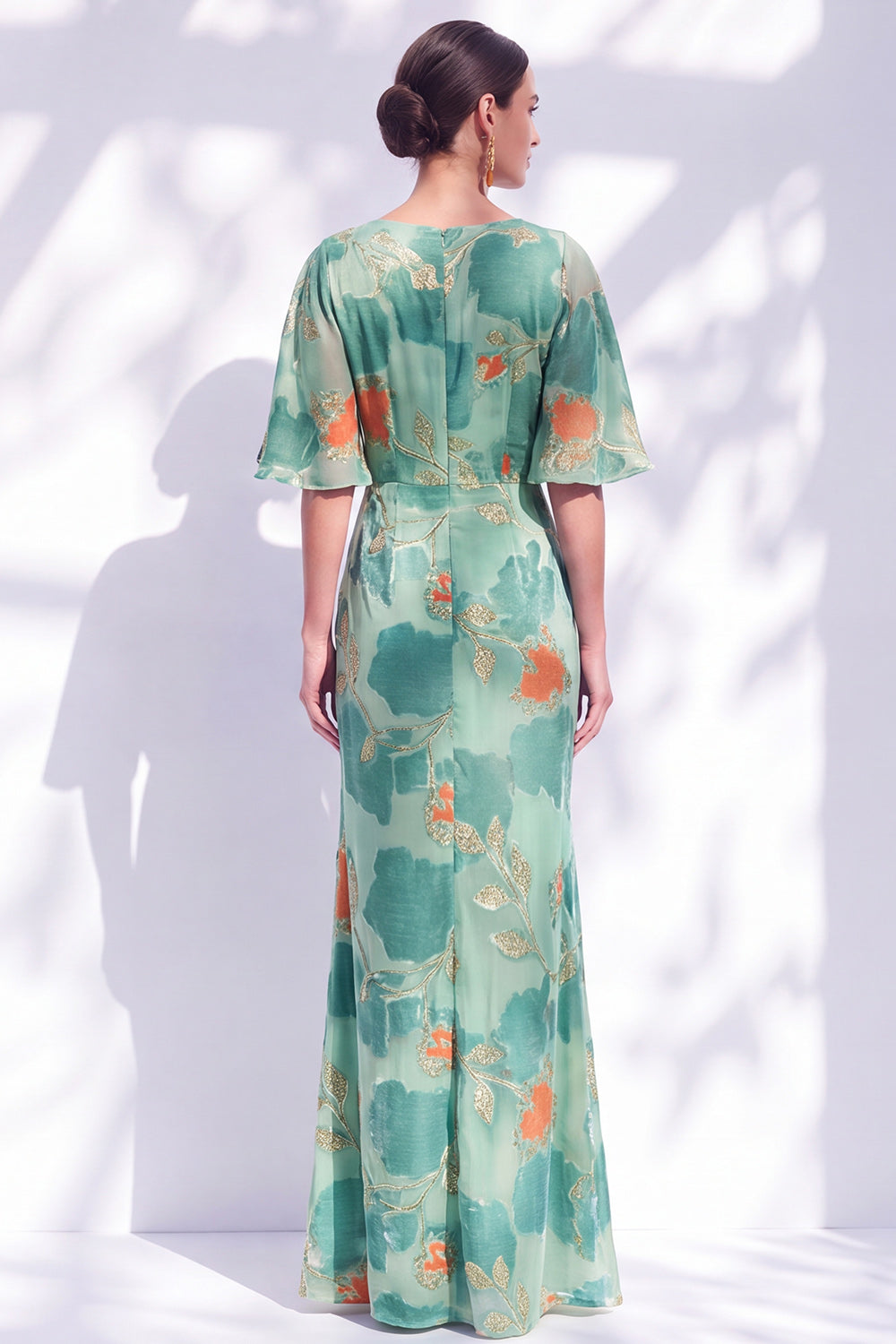 Sage Green Floral Mermaid Long Mother of the Bride Dress with Sleeves