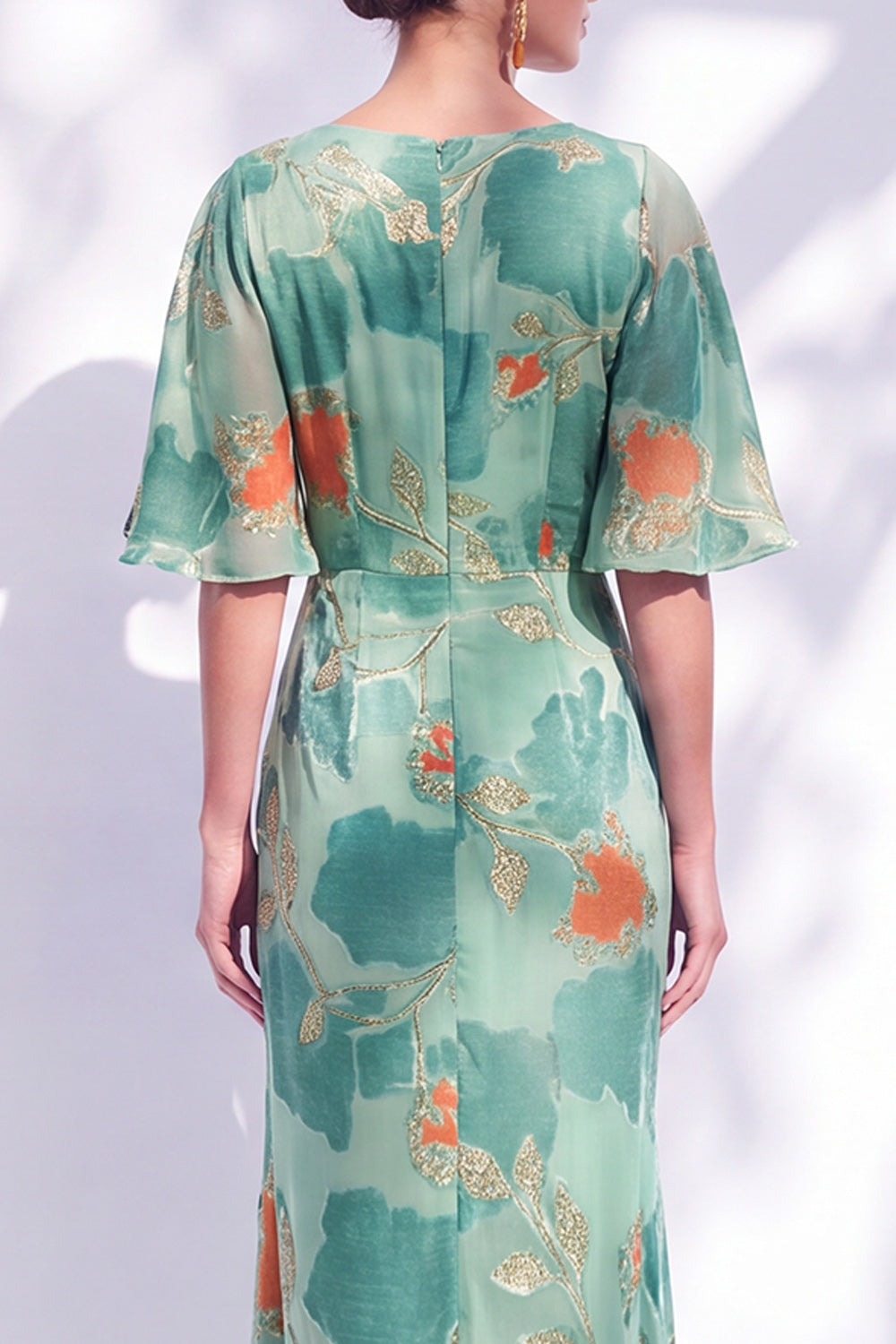 Sage Green Floral Mermaid Long Mother of the Bride Dress with Sleeves