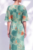 Sage Green Floral Mermaid Long Mother of the Bride Dress with Sleeves