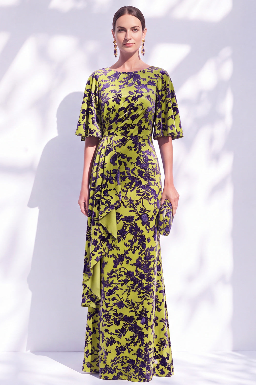 Sage Green Floral Mermaid Long Mother of the Bride Dress with Sleeves