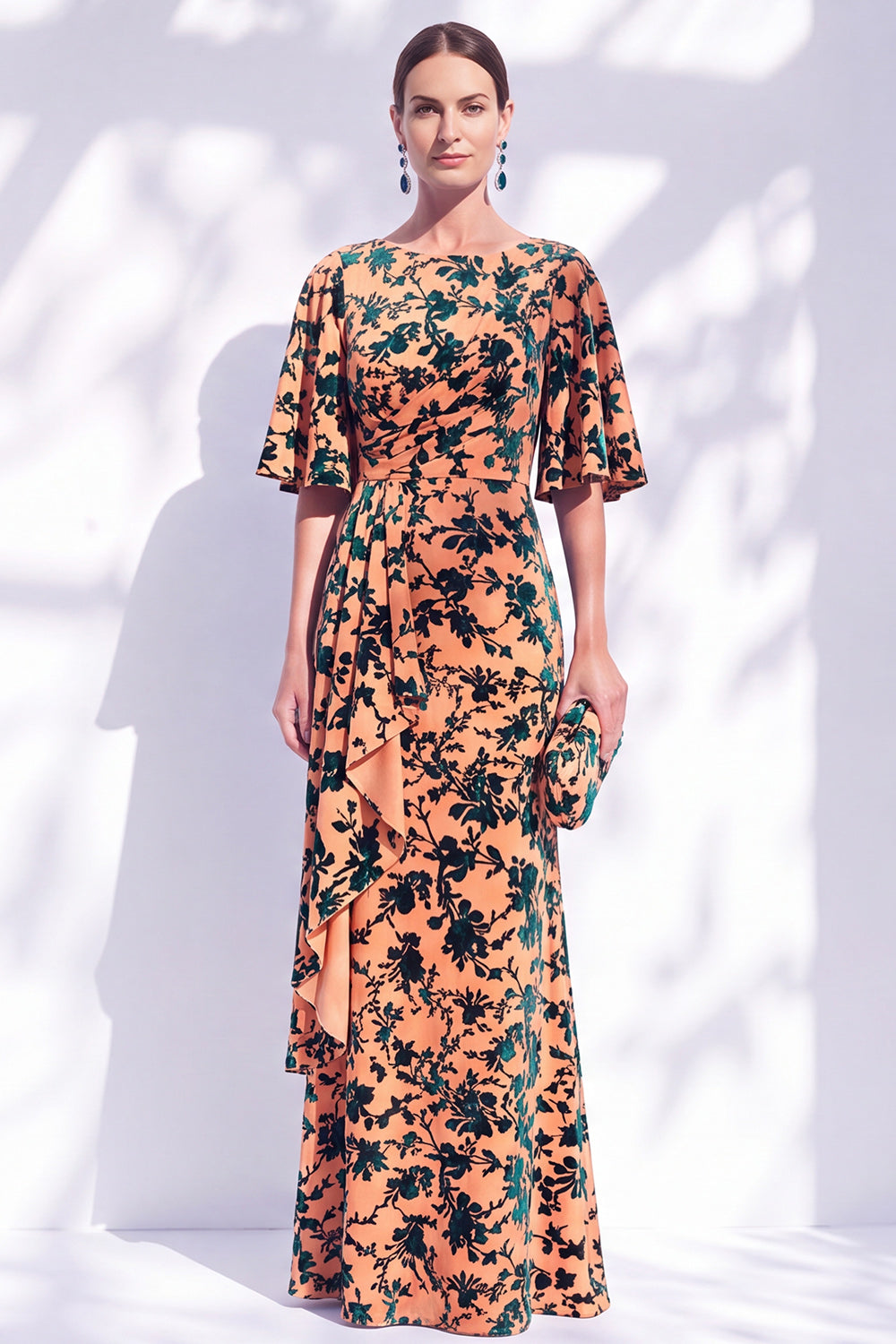 Sage Green Floral Mermaid Long Mother of the Bride Dress with Sleeves