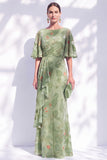 Sage Green Floral Mermaid Long Mother of the Bride Dress with Sleeves