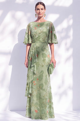 Sage Green Floral Mermaid Long Mother of the Bride Dress with Sleeves