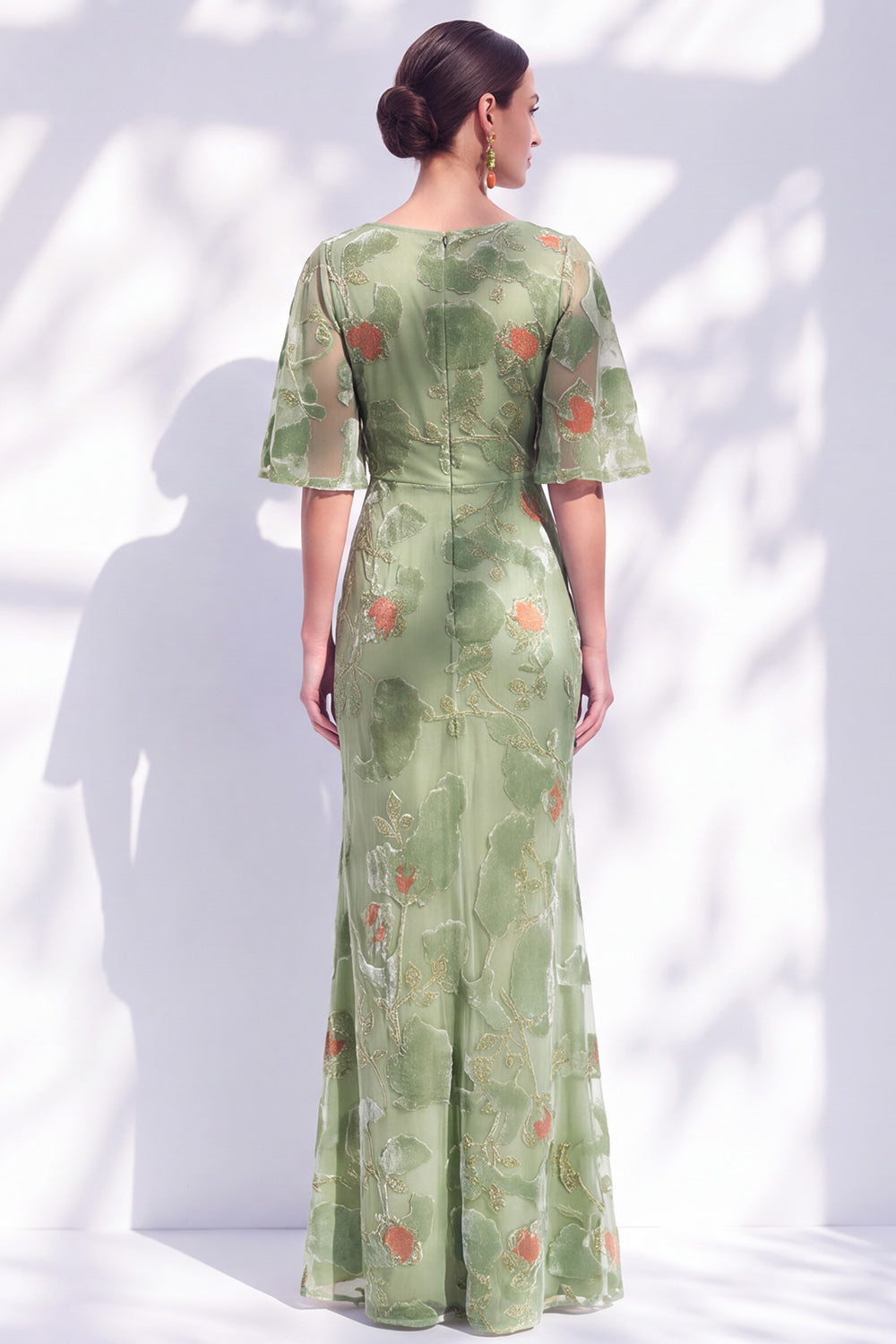 Sage Green Floral Mermaid Long Mother of the Bride Dress with Sleeves