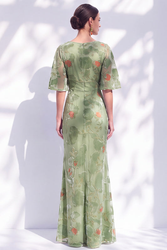 Sage Green Floral Mermaid Long Mother of the Bride Dress with Sleeves