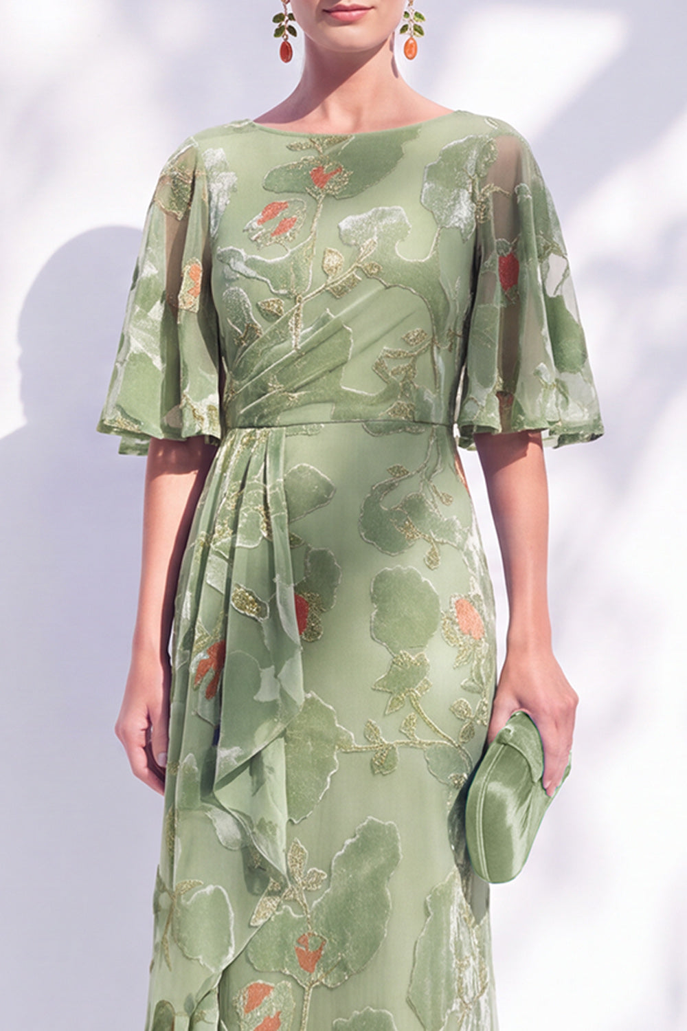 Sage Green Floral Mermaid Long Mother of the Bride Dress with Sleeves
