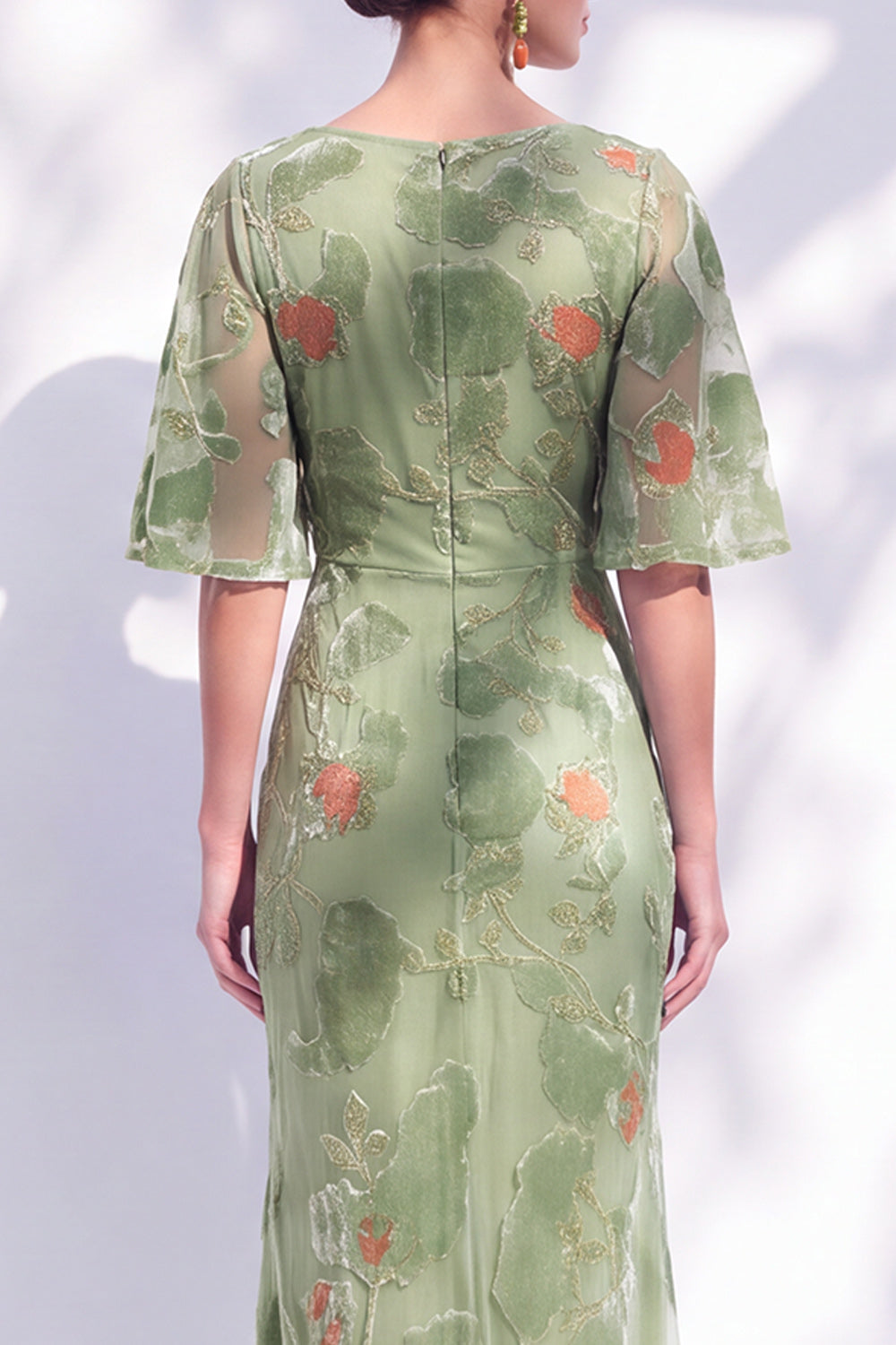 Sage Green Floral Mermaid Long Mother of the Bride Dress with Sleeves
