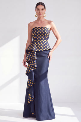 Gold Dot Mermaid Strapless Ruffled Long Mother of the Bride Dress