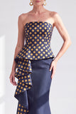 Gold Dot Mermaid Strapless Ruffled Long Mother of the Bride Dress