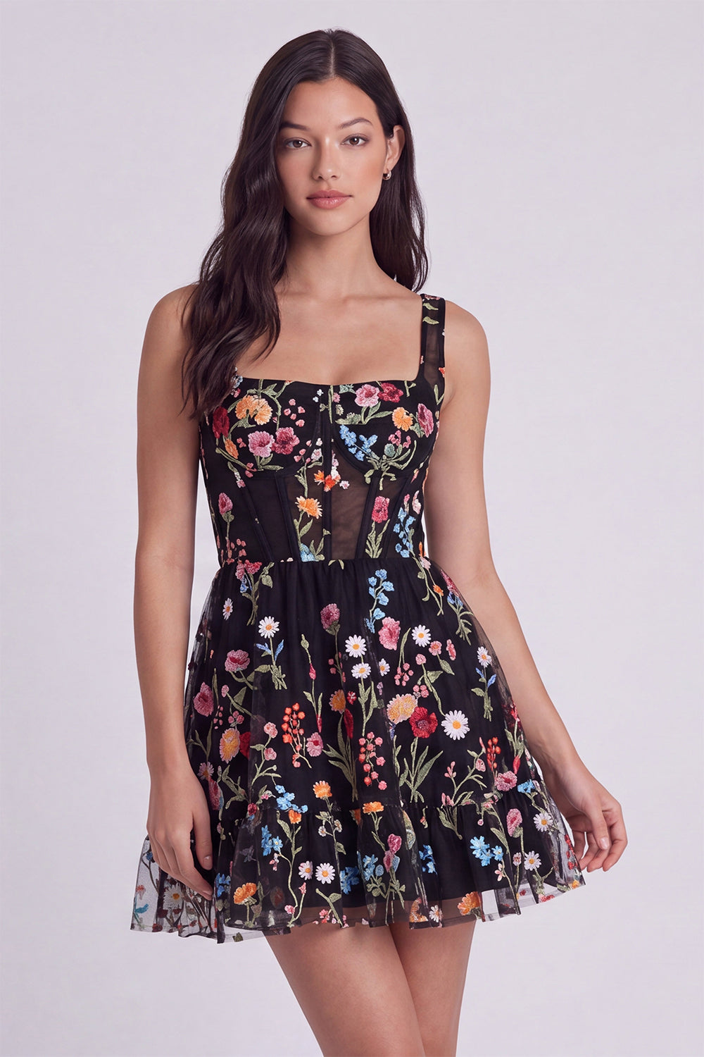 Ivory Floral Square Neck A Line Short Corset Homecoming Dress