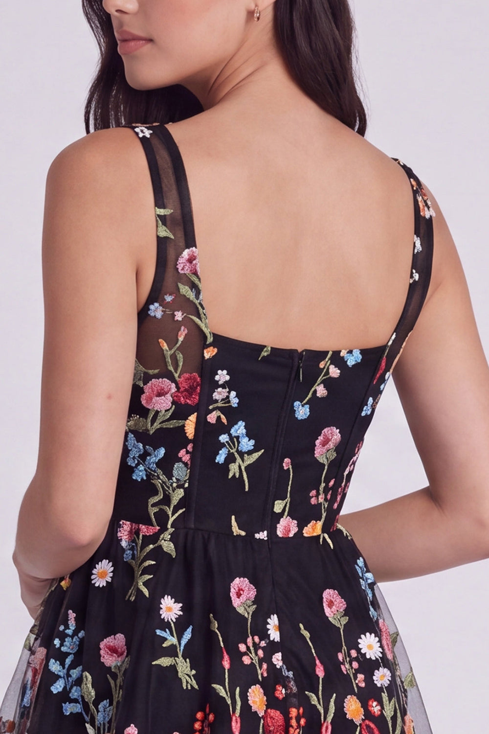 Ivory Floral Square Neck A Line Short Corset Homecoming Dress