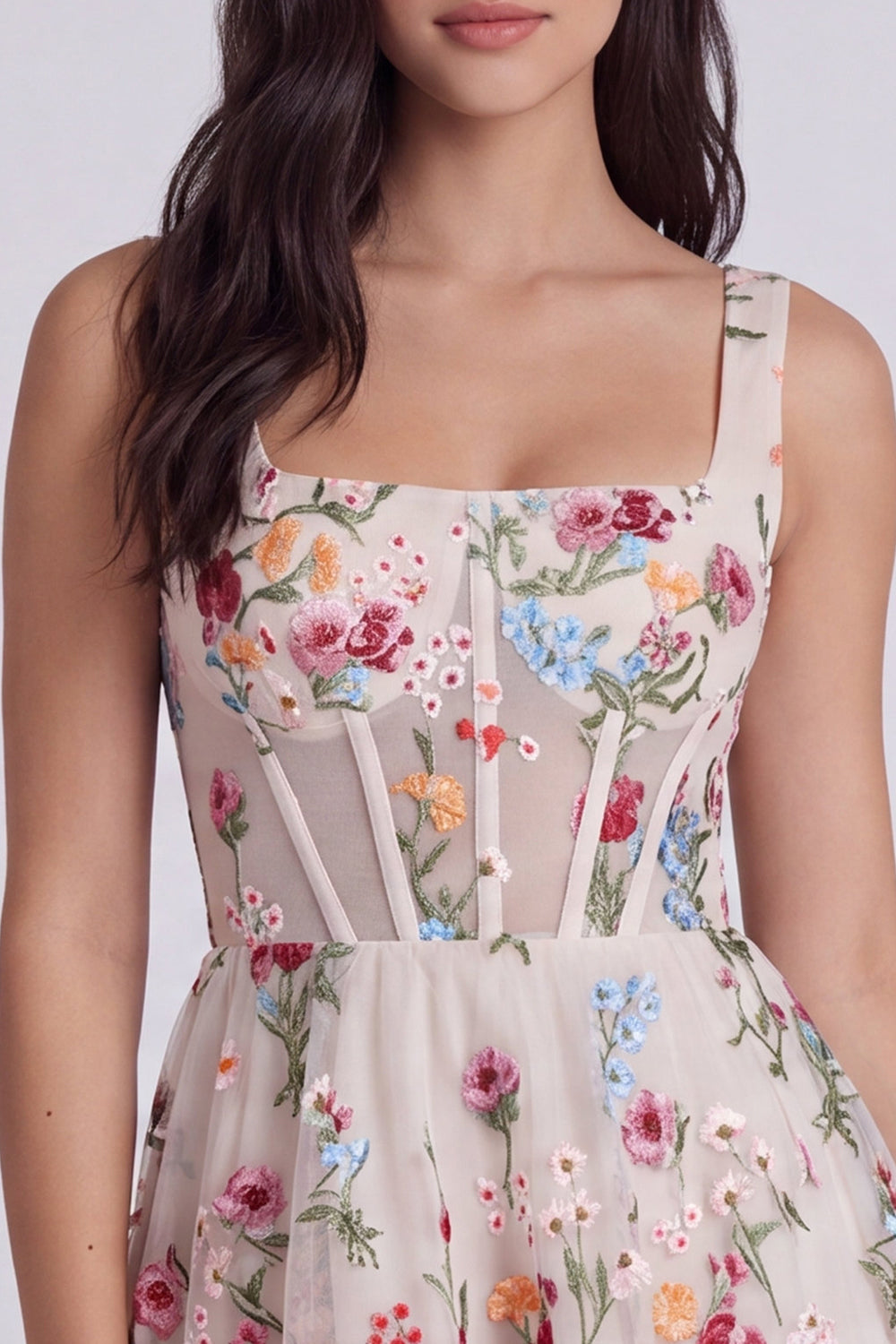 Ivory Floral Square Neck A Line Short Corset Homecoming Dress