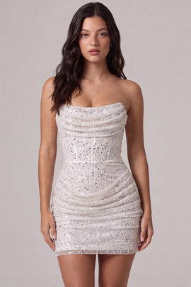 Sparkly Ivory Sequin Corset Tight Strapless Ruched Short Homecoming Dress
