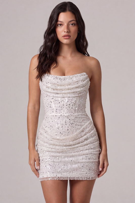 Sparkly Ivory Sequin Corset Tight Strapless Ruched Short Homecoming Dress