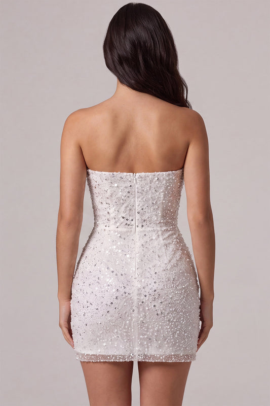 Sparkly Ivory Sequin Corset Tight Strapless Ruched Short Homecoming Dress