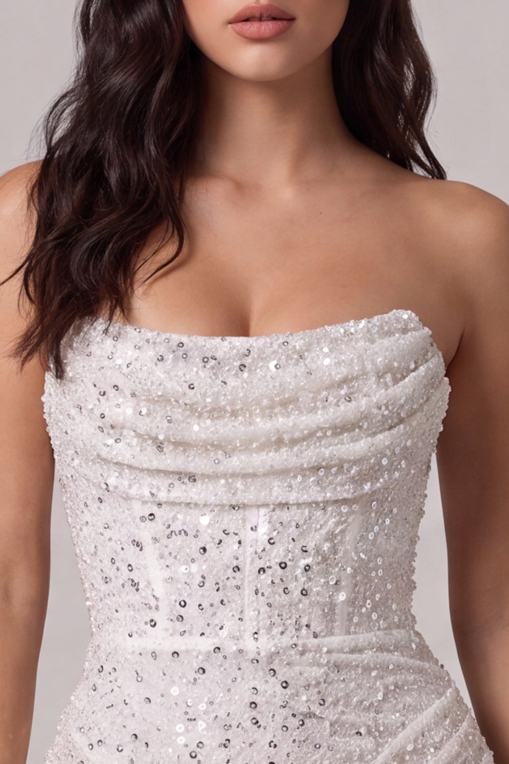 Sparkly Ivory Sequin Corset Tight Strapless Ruched Short Homecoming Dress