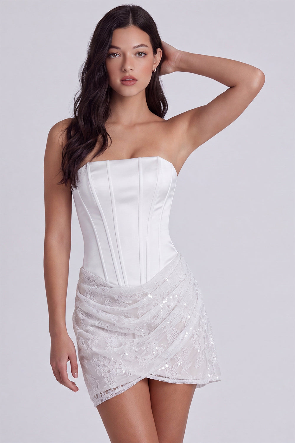 Ivory Lace Strapless Tight Ruched Short Corset Homecoming Dress
