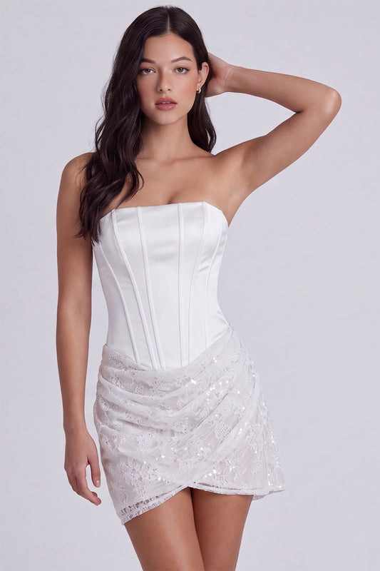 Ivory Lace Strapless Tight Ruched Short Corset Homecoming Dress