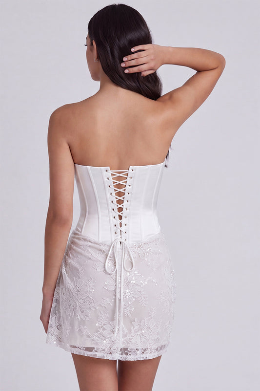 Ivory Lace Strapless Tight Ruched Short Corset Homecoming Dress