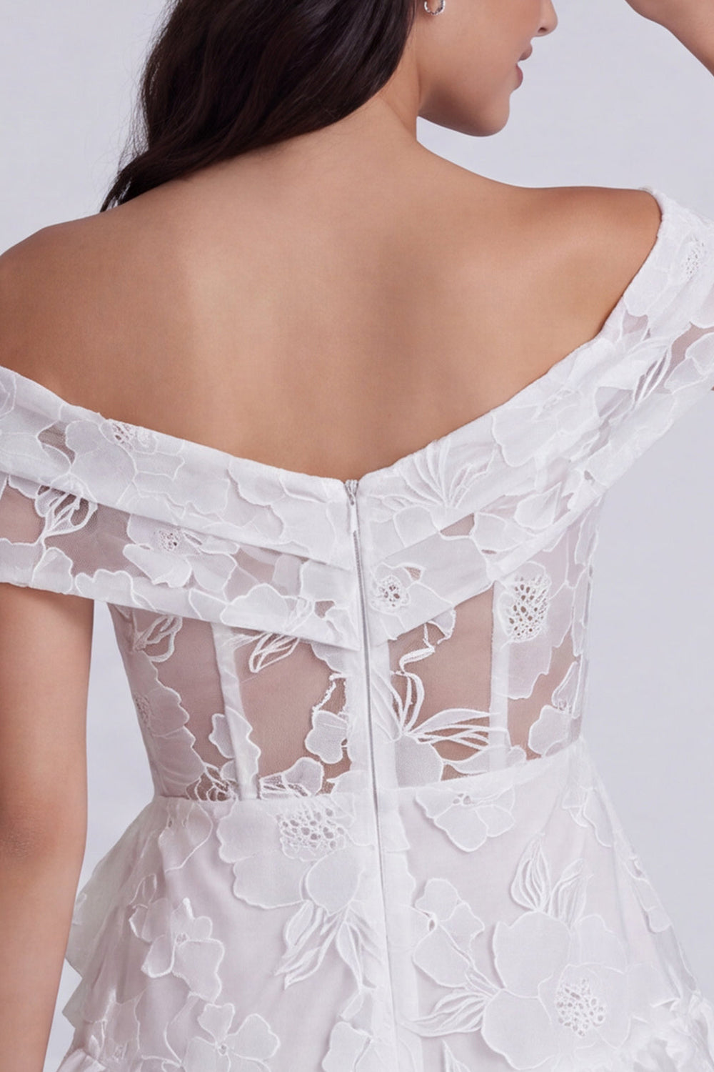 Ivory Floral A Line Tiered Short Corset Graduation Dress with Bow