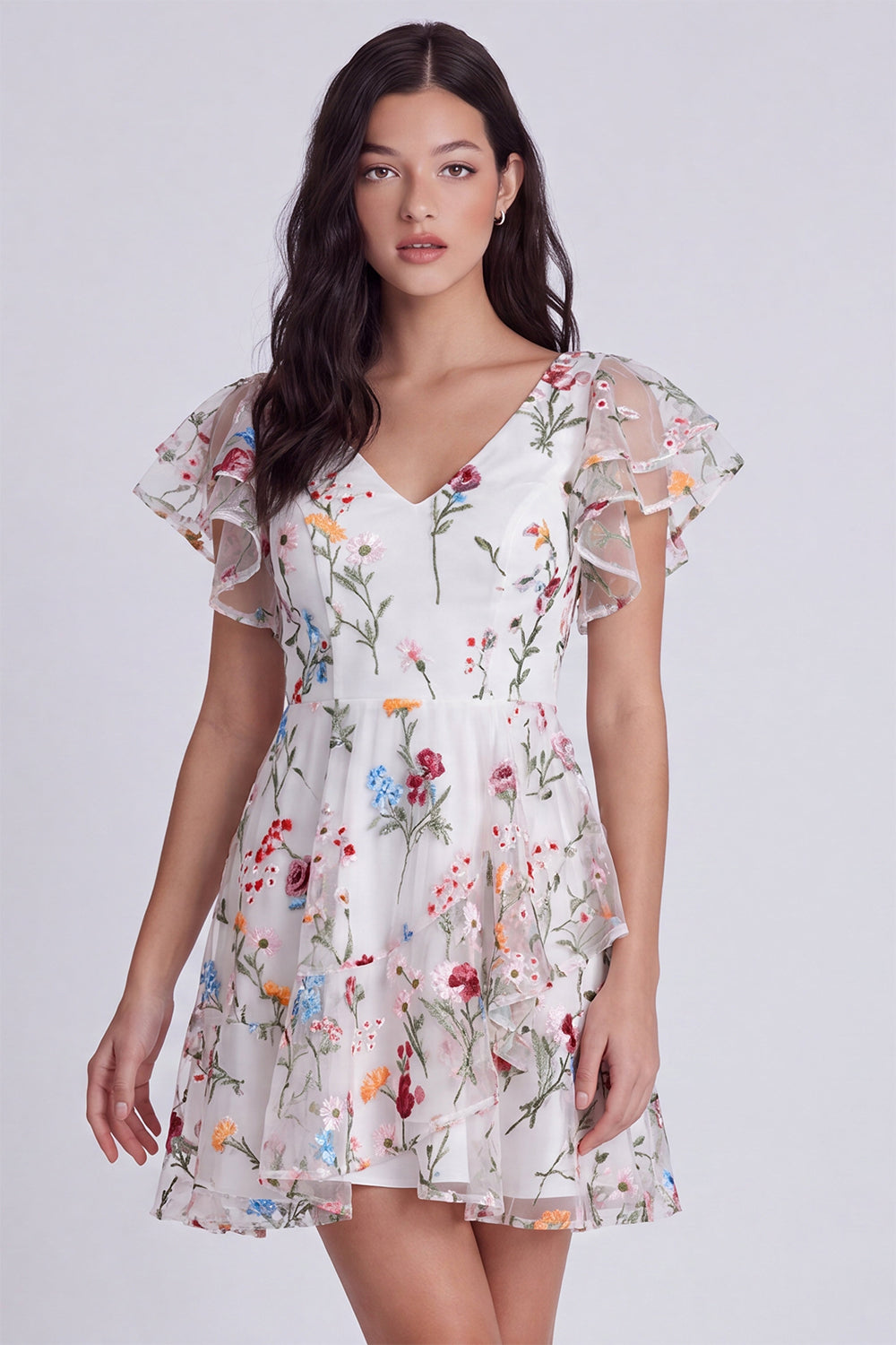 Ivory A-Line V-Neck Floral Short Homecoming Dress with Sleeves