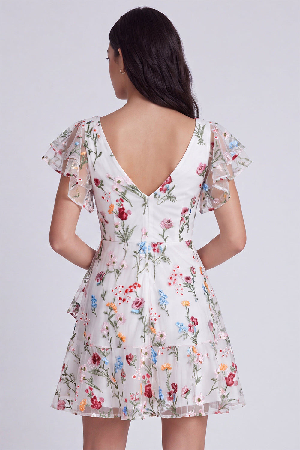 Ivory A-Line V-Neck Floral Short Homecoming Dress with Sleeves