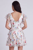 Ivory A-Line V-Neck Floral Short Homecoming Dress with Sleeves