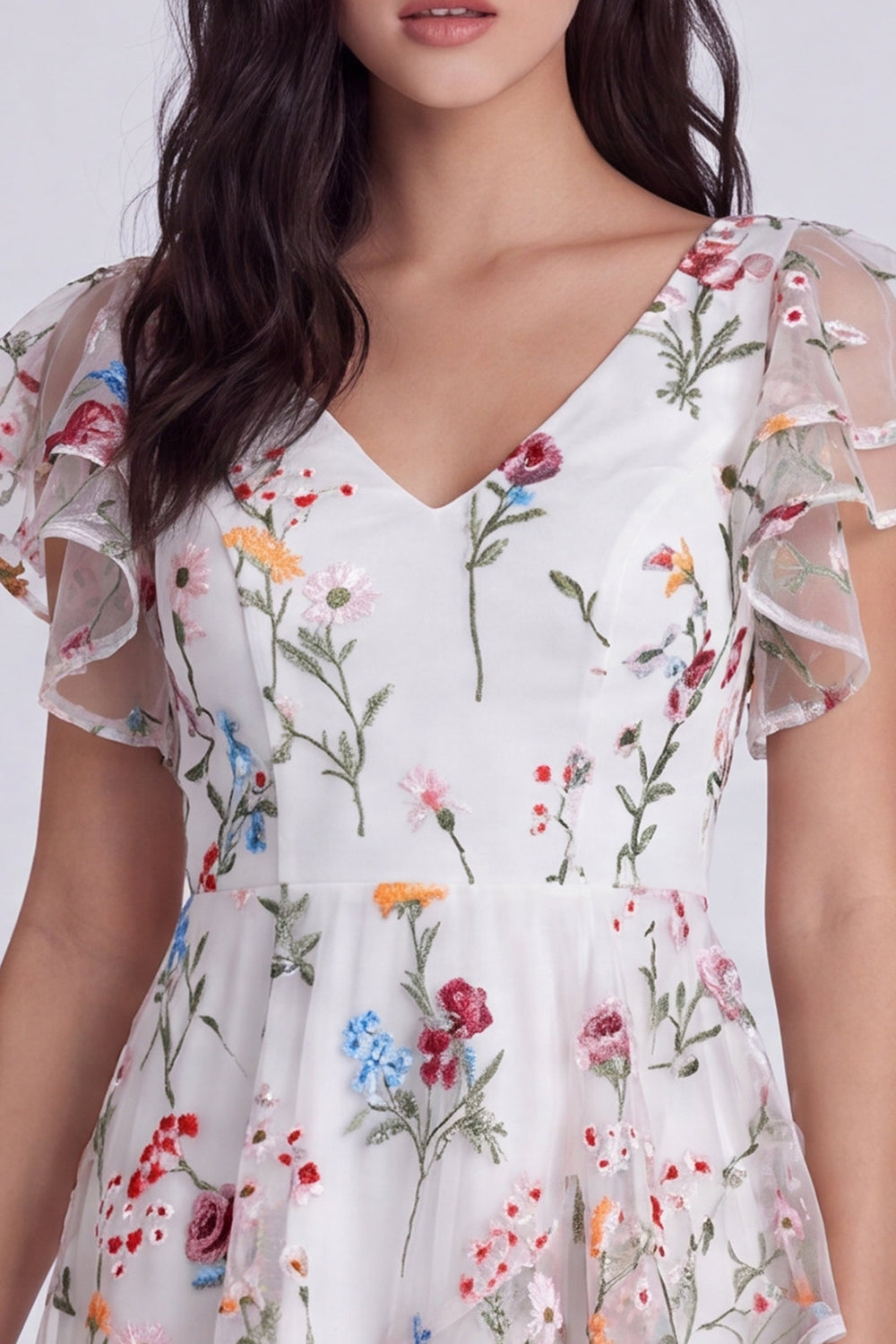Ivory A-Line V-Neck Floral Short Homecoming Dress with Sleeves