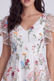 Ivory A-Line V-Neck Floral Short Homecoming Dress with Sleeves