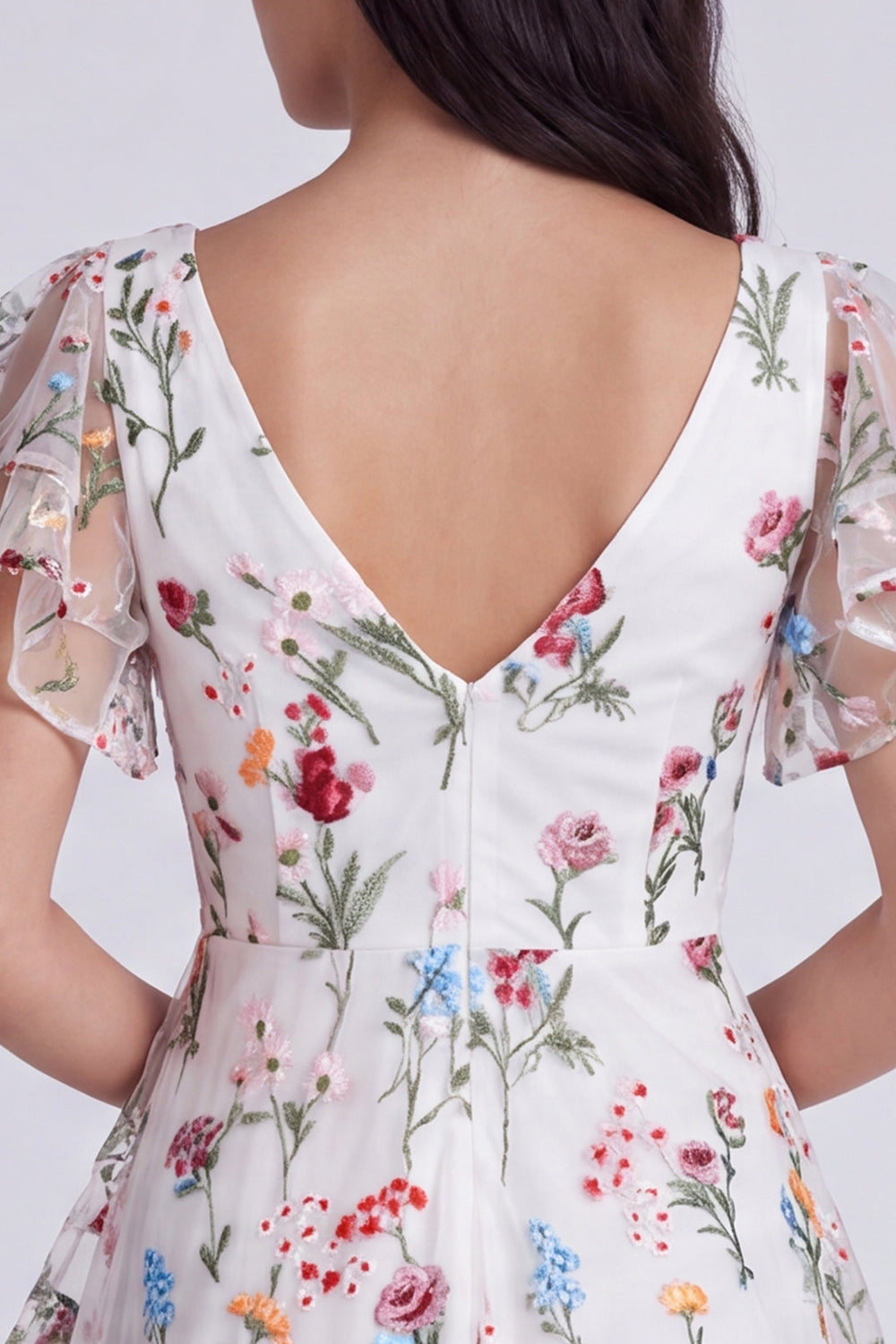 Ivory A-Line V-Neck Floral Short Homecoming Dress with Sleeves