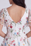 Ivory A-Line V-Neck Floral Short Homecoming Dress with Sleeves