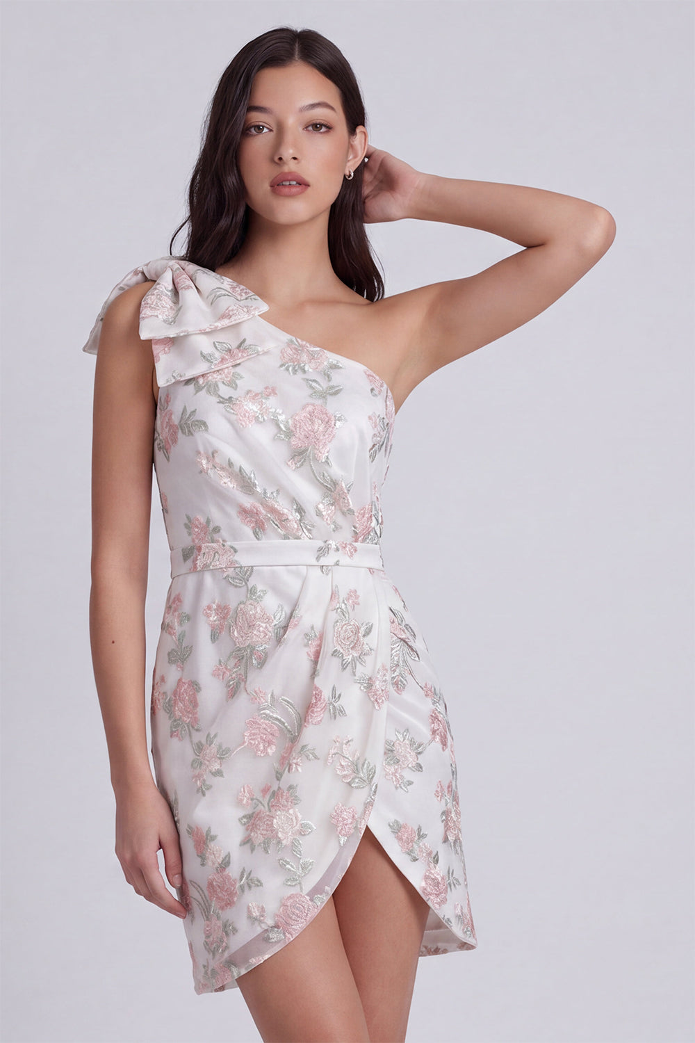 Ivory One Shoulder Floral Tight Short Graduation Dress with Bow