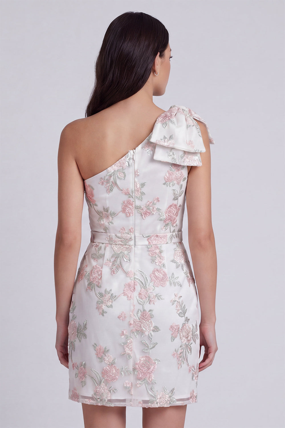 Ivory One Shoulder Floral Tight Short Graduation Dress with Bow