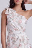 Ivory One Shoulder Floral Tight Short Graduation Dress with Bow