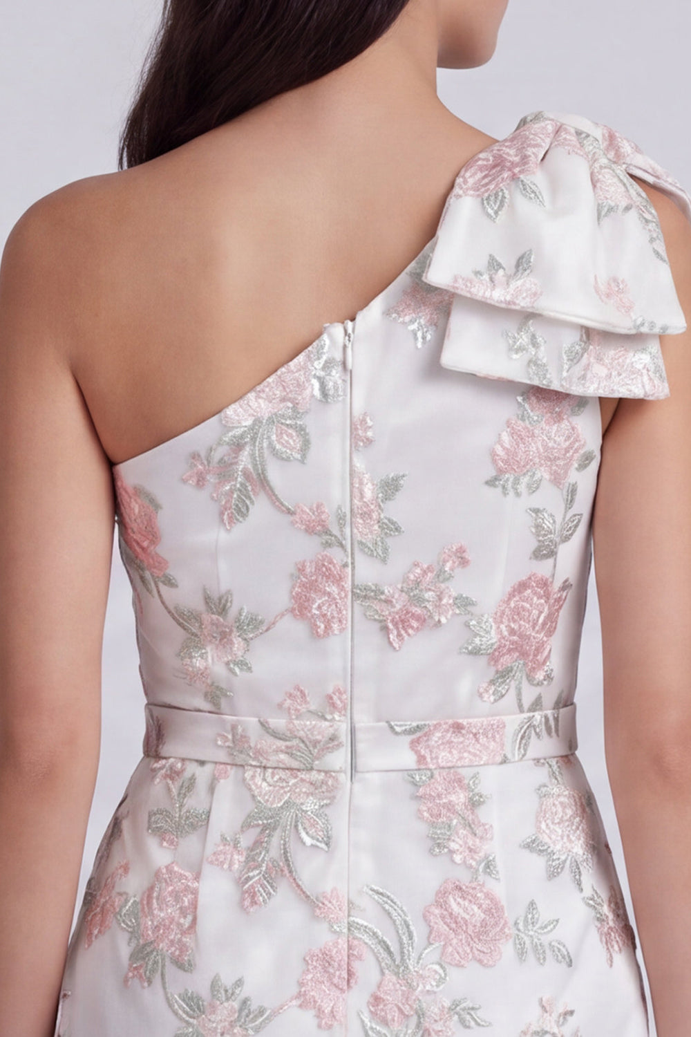 Ivory One Shoulder Floral Tight Short Graduation Dress with Bow