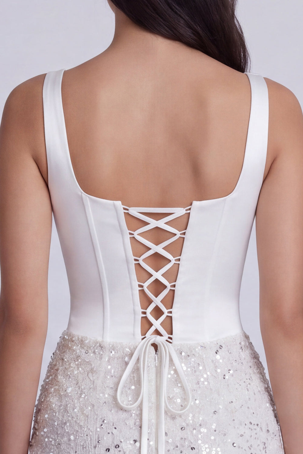 Ivory Sequins Tight Square Neck Ruched Short Corset Homecoming Dress